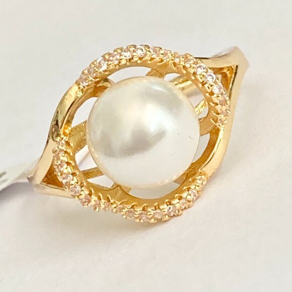 Art Deco Cubic Zirconia White Pearl Cocktail Ring Yellow Gold Plated Size 7 8 9 - Picture 4 of 16